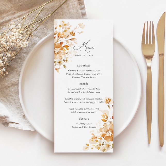 Menu Mariage élégant de réception de dîner floral en te (Terracotta floral wedding menu with elegant script, burnt orange watercolor, reception table setting)