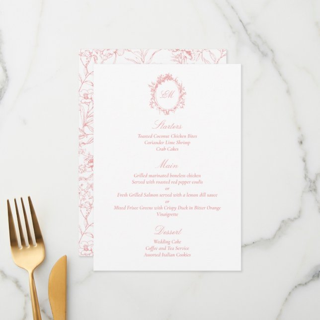 Menu Mariage Élégant de Style Chinois Botanique Rose (Devant/Arrière en situation)