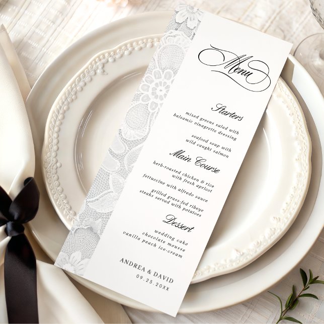 Menu Mariage Élégant Dentelle Classique Vintage Noir &  (Créateur téléchargé)