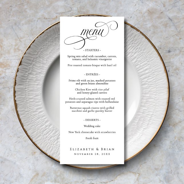 Menu Mariage élégant écriture noir et blanc (Black and White Script Elegant Wedding Menu with customizable menu options.)