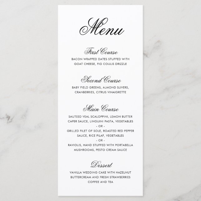 Menu Mariage élégant en calligraphie formelle noir et b (Devant)
