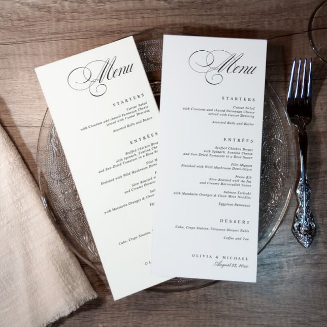 Menu Mariage élégant en calligraphie noir et blanc (Black and white elegant wedding menu with classic calligraphy and formal dinner layout)