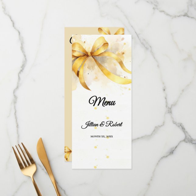 Menu Mariage Élégant en Or (Devant/Arrière en situation)