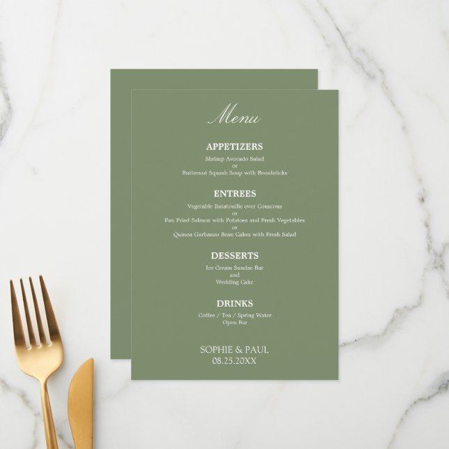 Menu Mariage élégant et élégant Sage Green (Devant/Arrière en situation)