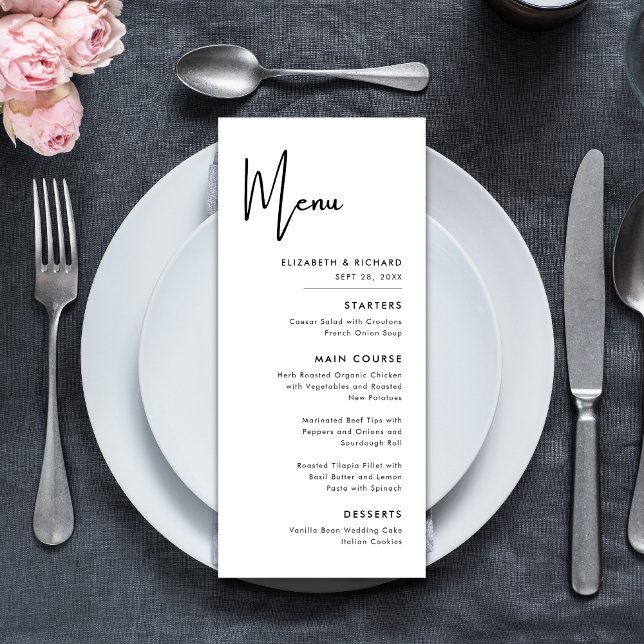 Menu Mariage Élégant et Moderne Noir et Blanc (Elegant modern black and white wedding menu adds style while guiding guests through your meal)