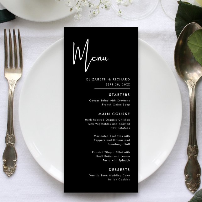 Menu Mariage Élégant et Moderne Noir et Blanc (Elegant modern black and white wedding menu adds timeless style while guiding your meal flow)