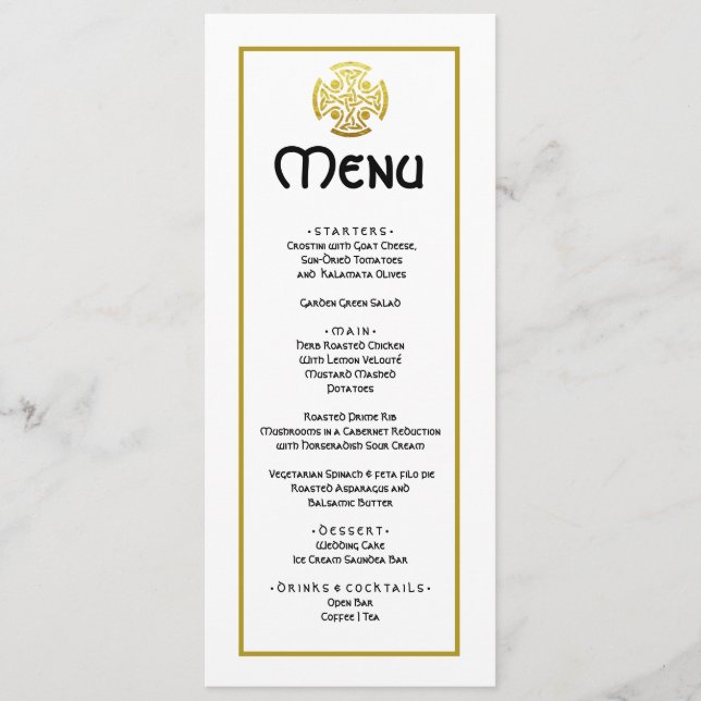 Menu Mariage Élégant  Fausse Croix Celtique en Or  Mari (Devant)