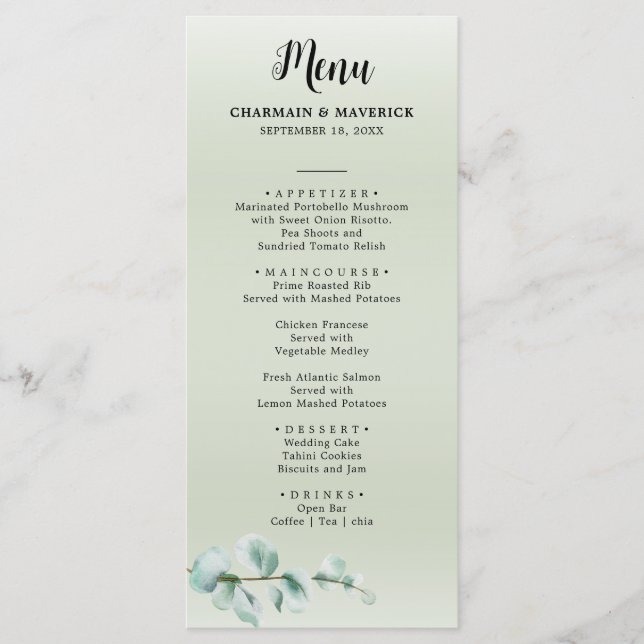 Menu Mariage Élégant Feuillage de feuille d'Eucalyptus (Devant)
