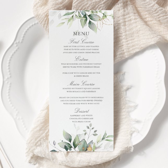 Menu Mariage élégant feuilles d'eucalyptus verdure or (Créateur téléchargé)