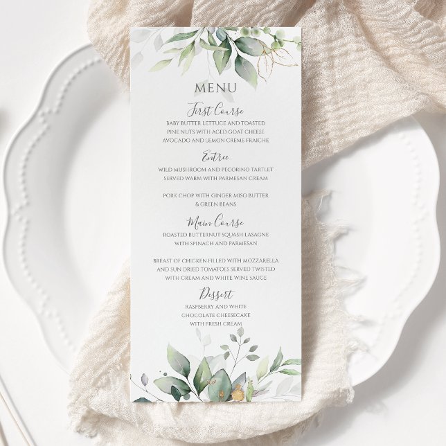 Menu Mariage élégant feuilles d'eucalyptus verdure or (Créateur téléchargé)
