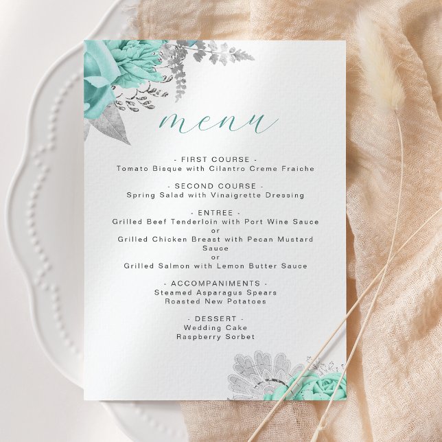 Menu Mariage Élégant Floral Aqua Argent (Créateur téléchargé)