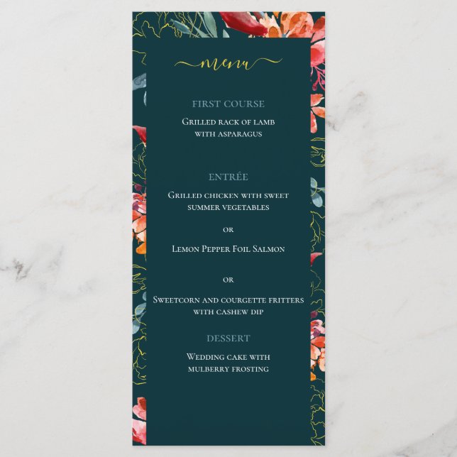 Menu Mariage élégant floral aquarelle corail bleu (Devant)