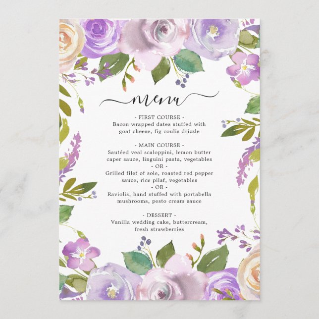 Menu Mariage élégant floral aquarelle lilas (Devant)