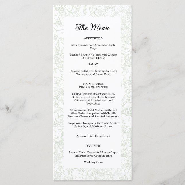 Menu Mariage Élégant Floral Chinoiserie Vert (Devant)