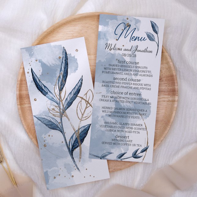 Menu Mariage Élégant Floral Moderne Or Bleu (Créateur téléchargé)