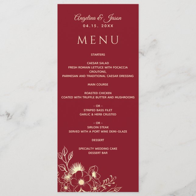 Menu Mariage élégant floral or et burgundy (Devant)