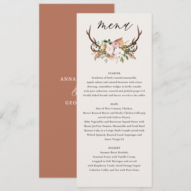Menu mariage élégant floral terracotta rouille (Devant / Derrière)