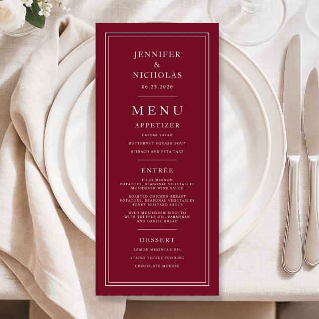 Menu Mariage Élégant Formel Bourgogne (Elegant Formal Burgundy Wedding Menu)
