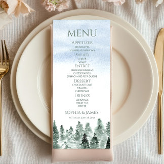 Menu Mariage Élégant Hiver Neige Pins Verts