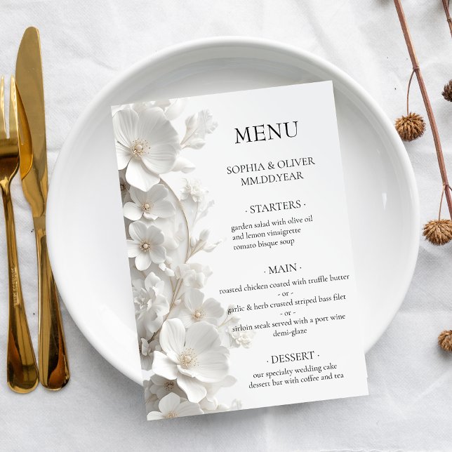 Menu Mariage Élégant Luxueux Floral Blanc 3D Minimalist (Créateur téléchargé)