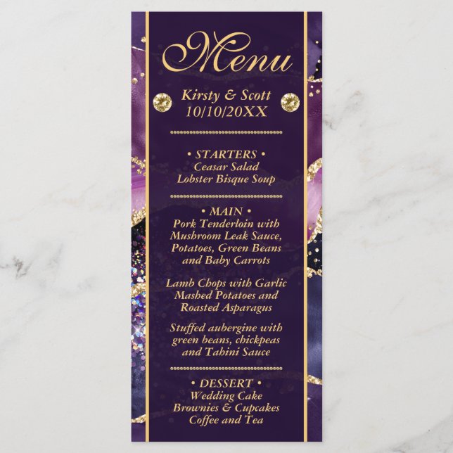 Menu Mariage Élégant Marbre Agate Violet Pailleté Or (Devant)