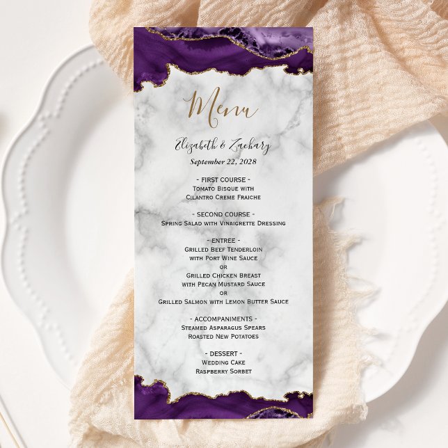 Menu Mariage Élégant Marbre Violet Or Agate (Créateur téléchargé)