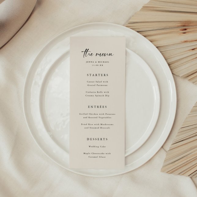 Menu Mariage Élégant Minimaliste Beige Script (Créateur téléchargé)