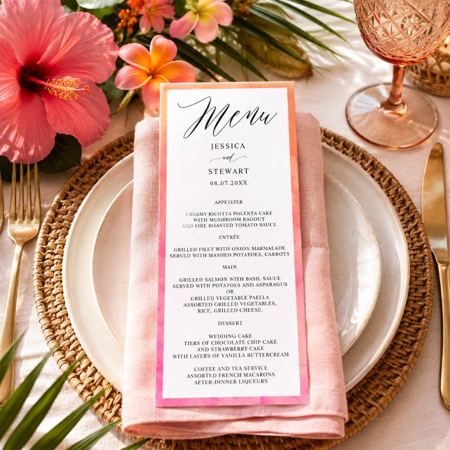 Menu Mariage Élégant Moderne Aquarelle Rose Orange (Elegant Modern Pink Orange Watercolor Wedding Menu)