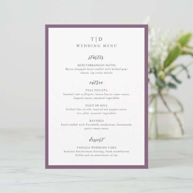 Menu Mariage élégant moderne au monogramme violet (Debout devant)