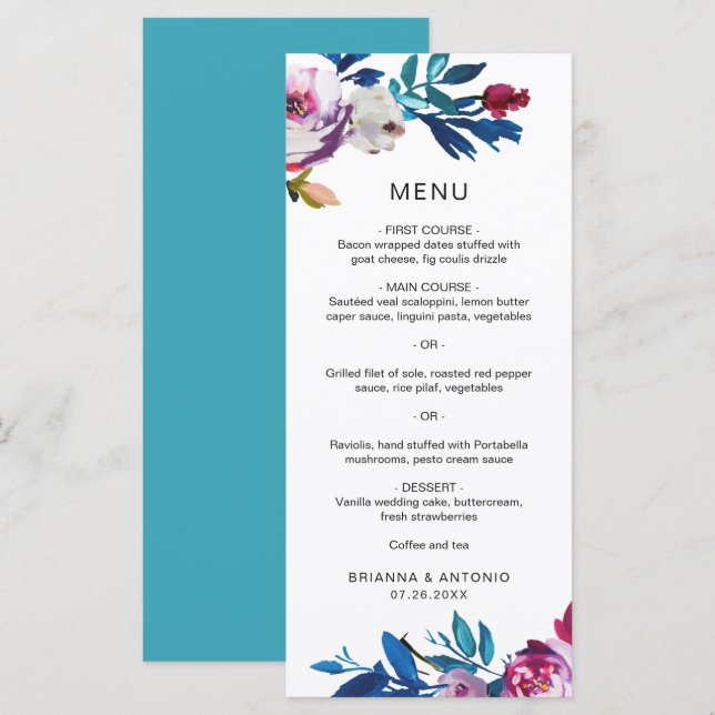 Menu Mariage Élégant Moderne aux Fleurs Roses (Devant / Derrière)