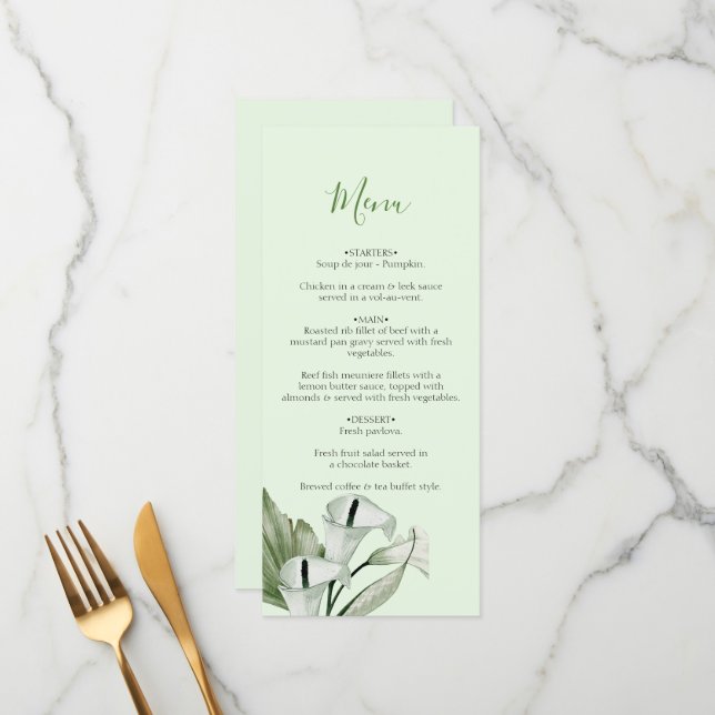 Menu Mariage Élégant Moderne avec Lys Callas Blancs (Devant/Arrière en situation)