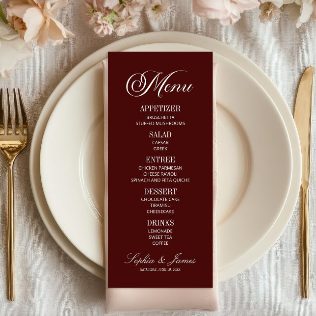 Menu Mariage Élégant Moderne Burgundy Foncé (Créateur téléchargé)
