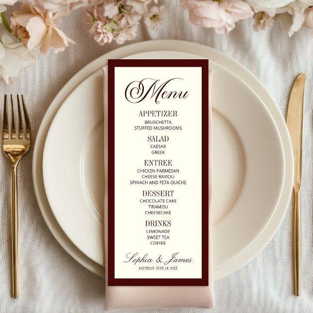 Menu Mariage Élégant Moderne Burgundy Foncé (Créateur téléchargé)