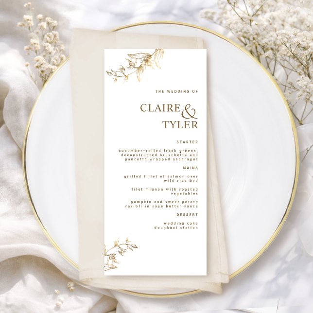Menu Mariage Élégant Moderne Chic Blanc et Or (Créateur téléchargé)