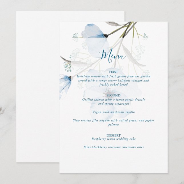 Menu Mariage Élégant Moderne Chic Bleu Poussiéreux (Devant / Derrière)