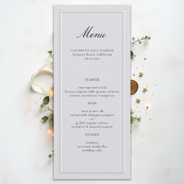Menu Mariage Élégant Moderne Classique Cadre Élévé Ivoi (formal wedding menu elegant modern classic traditional black tie ballroom countryclub ivory)