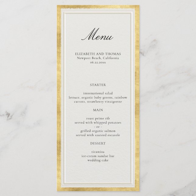 Menu Mariage Élégant Moderne Classique Élevé Or Écru (Devant)