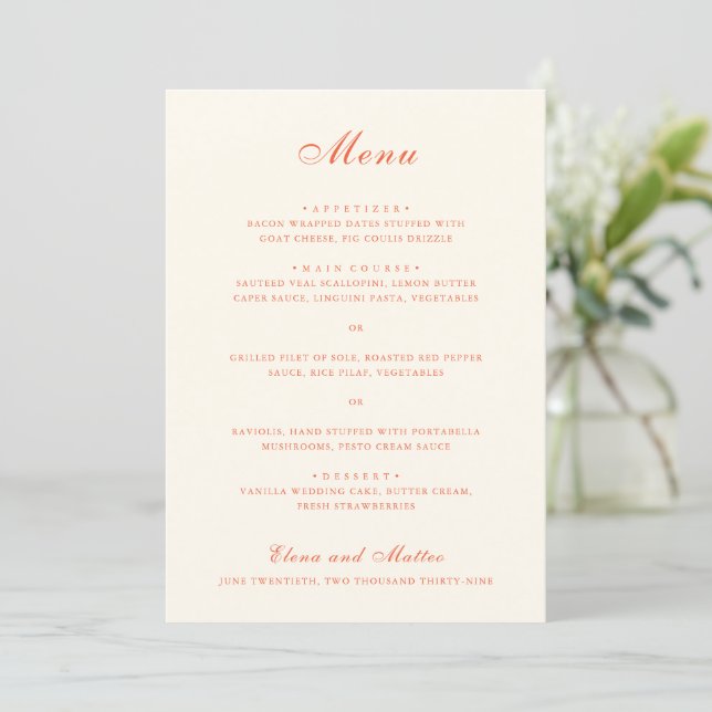 Menu Mariage Élégant Moderne Classique Terracotta (Debout devant)