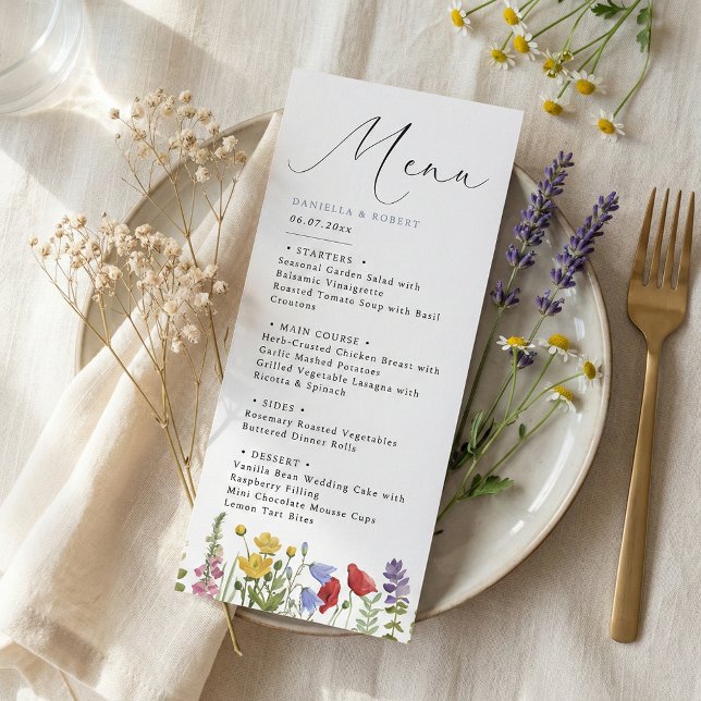 Menu Mariage Élégant Moderne de Printemps Été avec Fleu (elegant modern minimalist wildflower wedding menu card in script calligraphy)