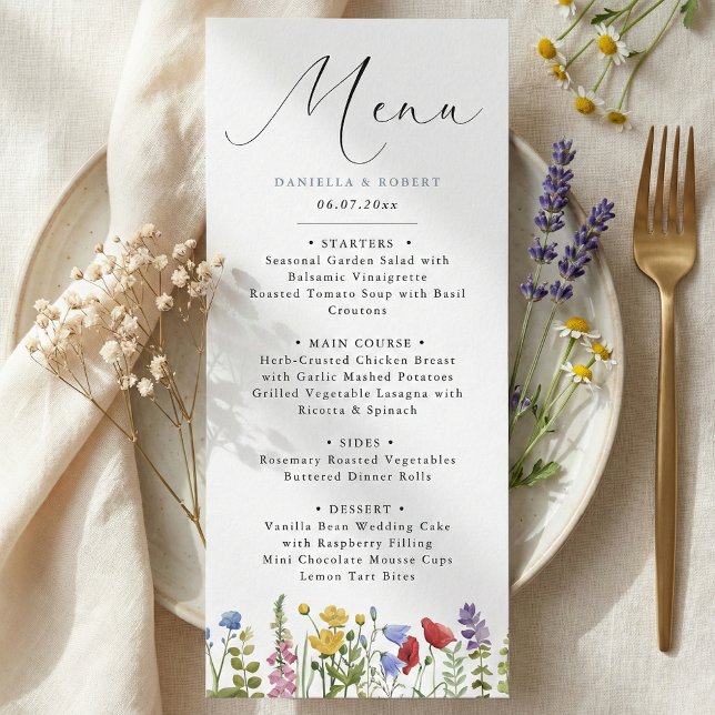 Menu Mariage Élégant Moderne de Printemps Été avec Fleu (personalized modern minimalist elegant script calligraphy wildflower wedding menu card)