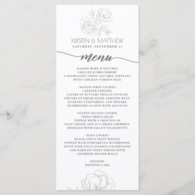Menu Mariage élégant moderne floral gris vintage (Devant)