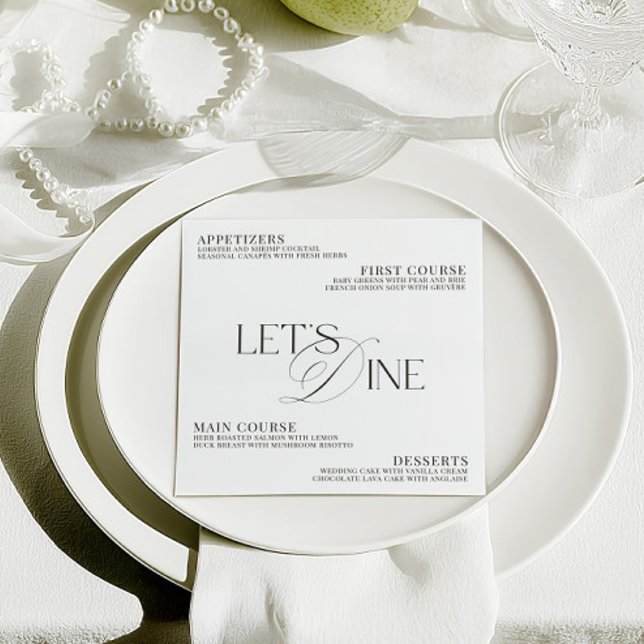 Menu Mariage Élégant Moderne Noir & Blanc Dîner (Modern Elegant Black & White Wedding Dinner Menu)