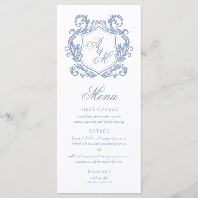 Menu Mariage Élégant Monogramme Bleu Poussiéreux Blason (Devant)