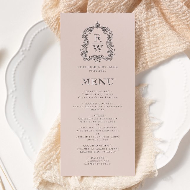 Menu Mariage Élégant Monogramme Blush Rose (Créateur téléchargé)