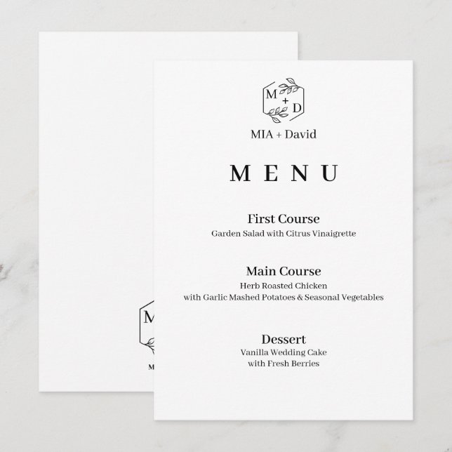 Menu Mariage Élégant Monogramme Botanique Minimaliste (Devant / Derrière)