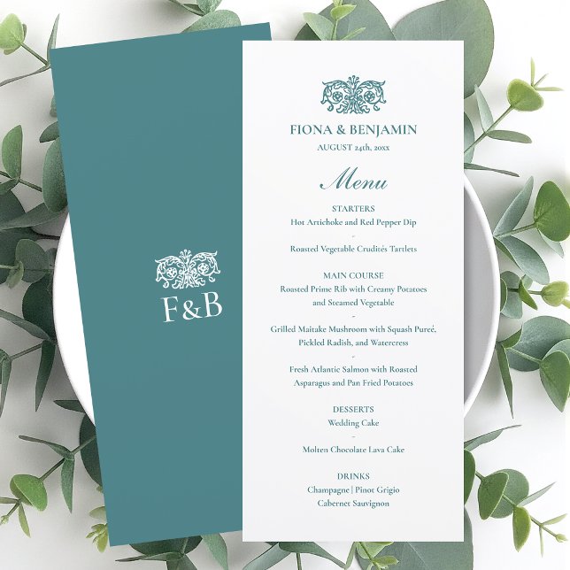Menu Mariage Élégant Monogramme Floral Vintage Sarcelle (Créateur téléchargé)