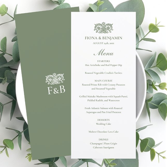 Menu Mariage Élégant Monogramme Floral Vintage Vert (Créateur téléchargé)