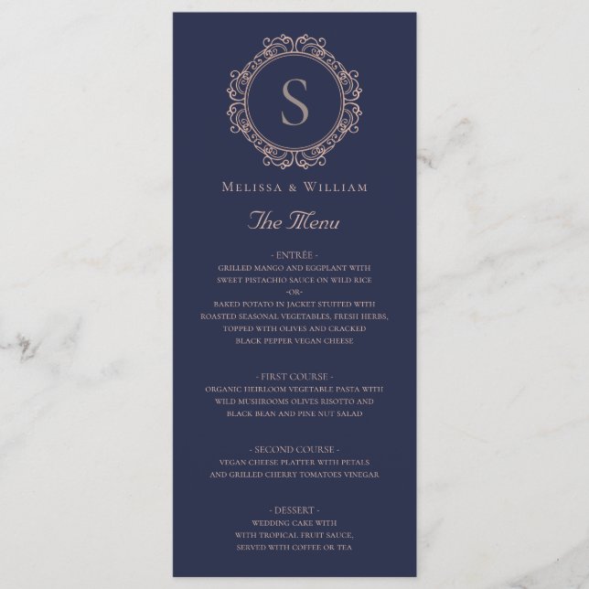 Menu Mariage Élégant Monogramme Navy (Devant)