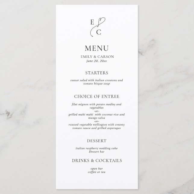 Menu Mariage Élégant Monogramme Noir & Blanc (Devant)