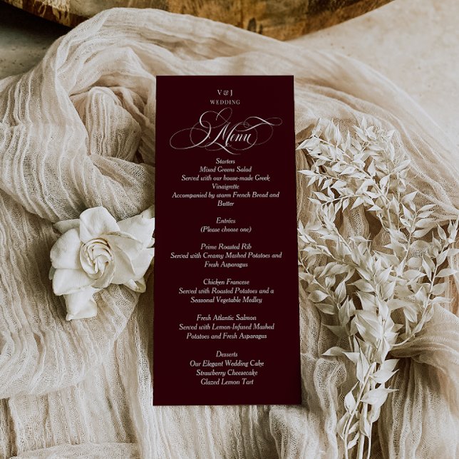 Menu Mariage élégant monogramme rouge Bourgogne (Créateur téléchargé)